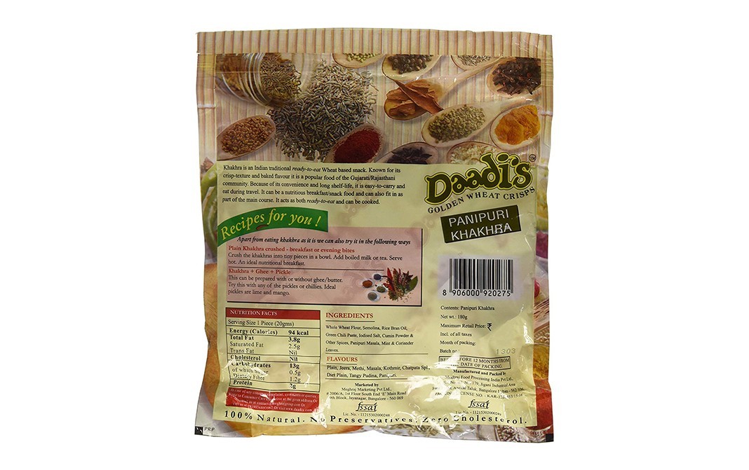 Daadi's Golden Wheat Crisps Panipuri Khakhra   Pack  180 grams